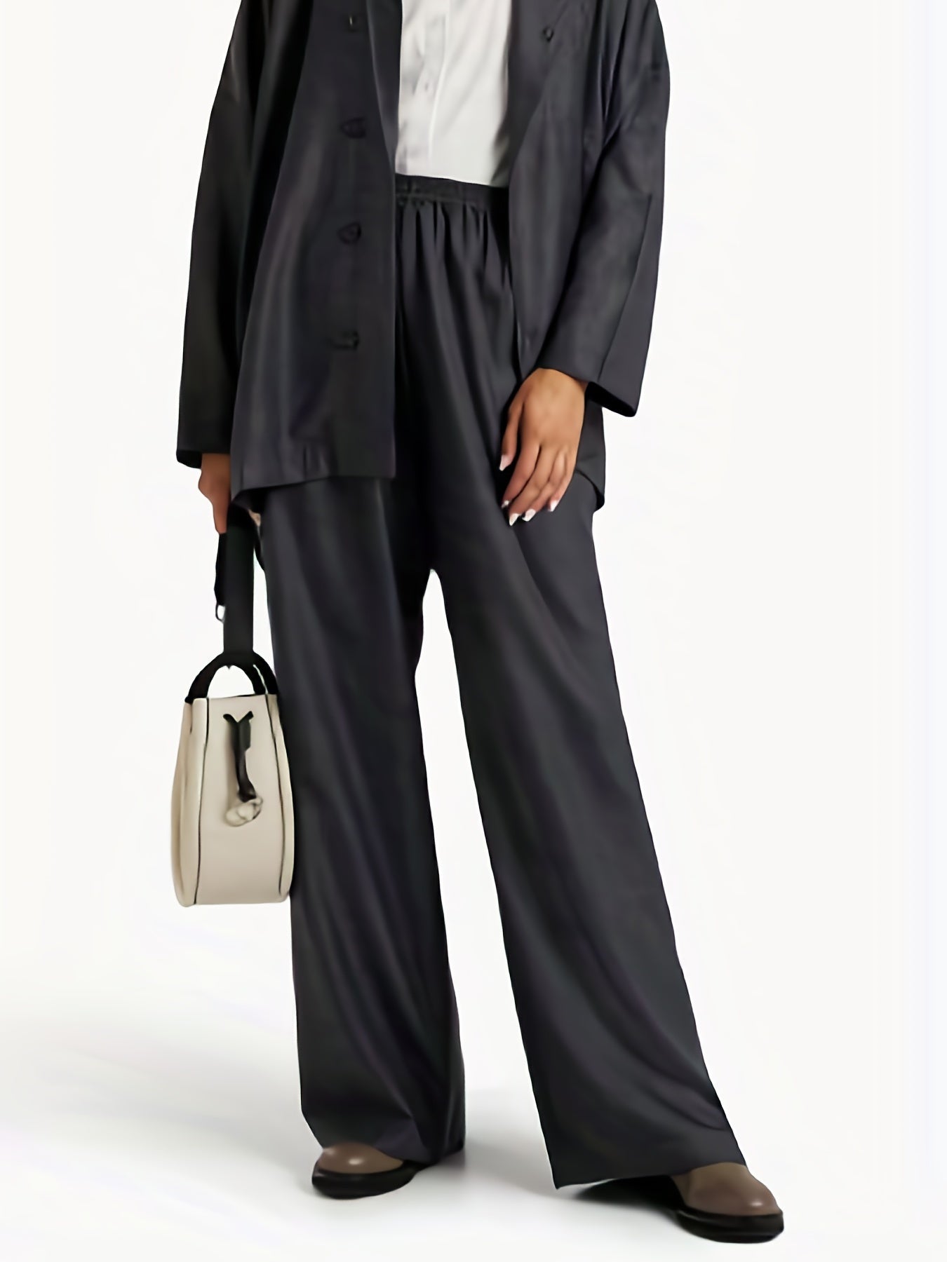  Wide Leg Trousers High Rise Elastic Waist