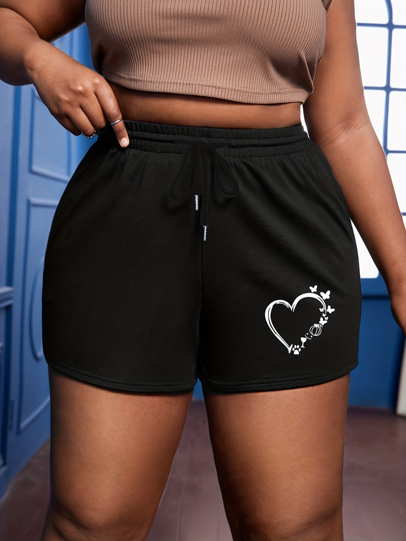  Heart & Butterfly Print Drawstring Retro Shorts