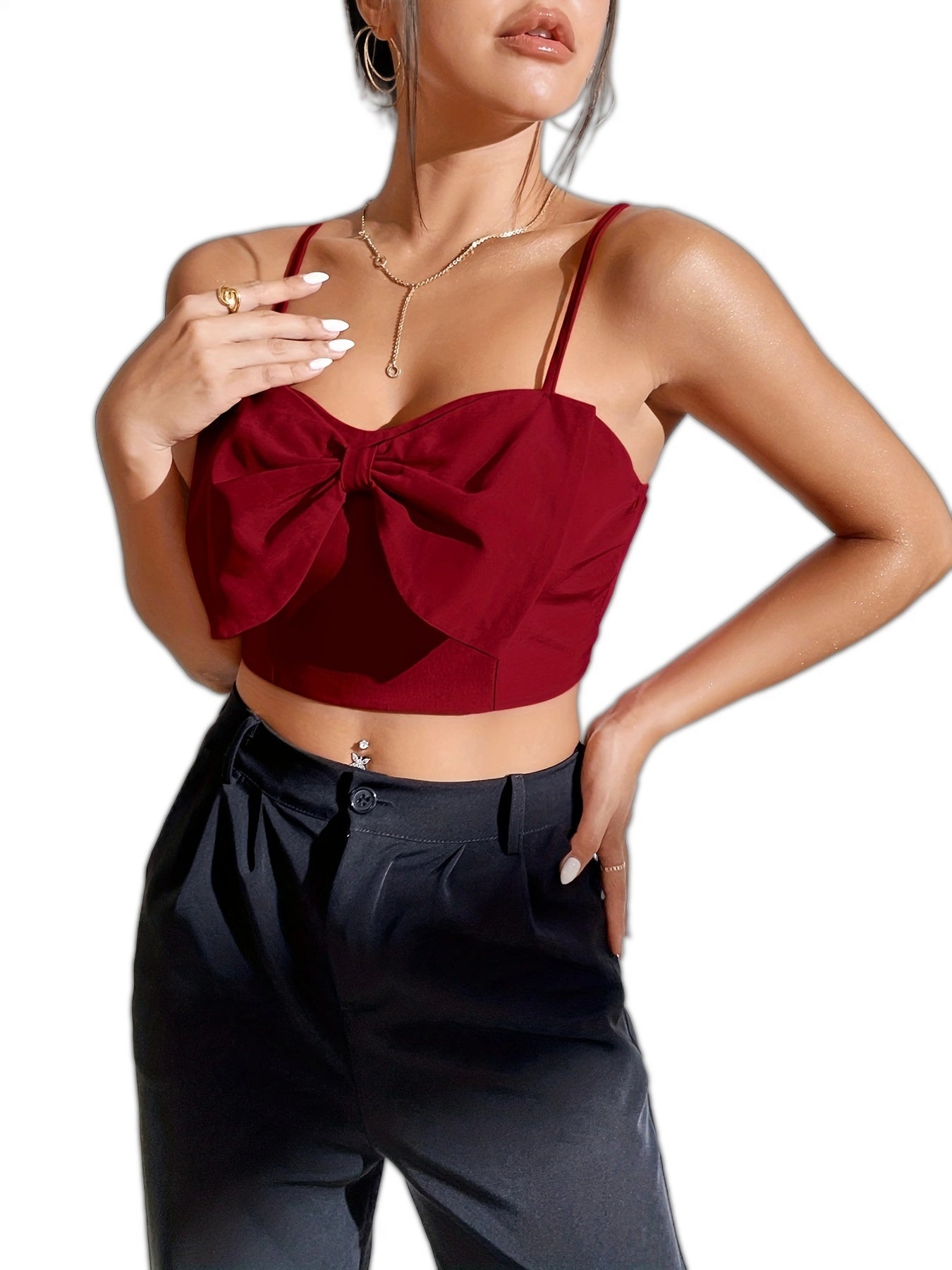 Solid Bow Tie Cami Top Sleeveless Satin Summer Sexy Crop