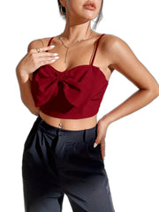 Solid Bow Tie Cami Top Sleeveless Satin Summer Sexy Crop