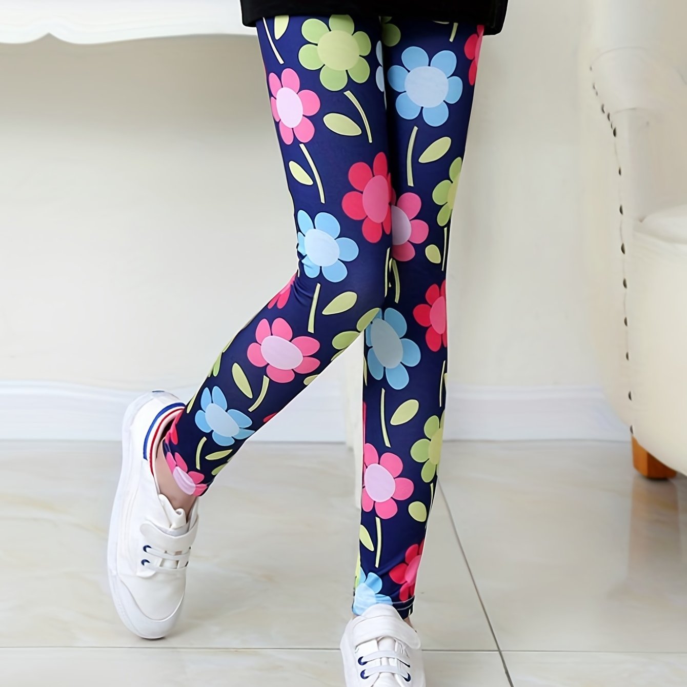 Girls Colorful Flowers Stretch Yoga Pants High Waist Slim Leggings
