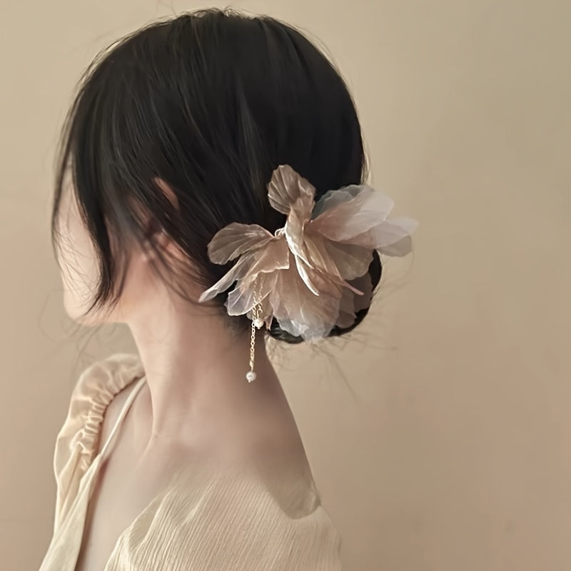 Chiffon Flower Hair Pin w/ Pearl Tassel Chinese Style Hair Clip Prom Accessories