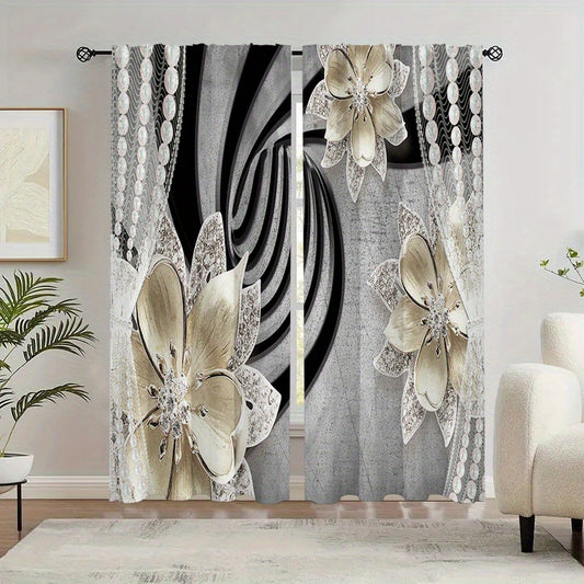 2 Panels Antique Flower Semi Blackout Curtain Rod Pocket Curtains