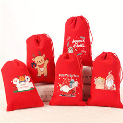 5pcs Red Flannelette Christmas Gift Bag Snowman Santa Claus Gift Packaging Bag