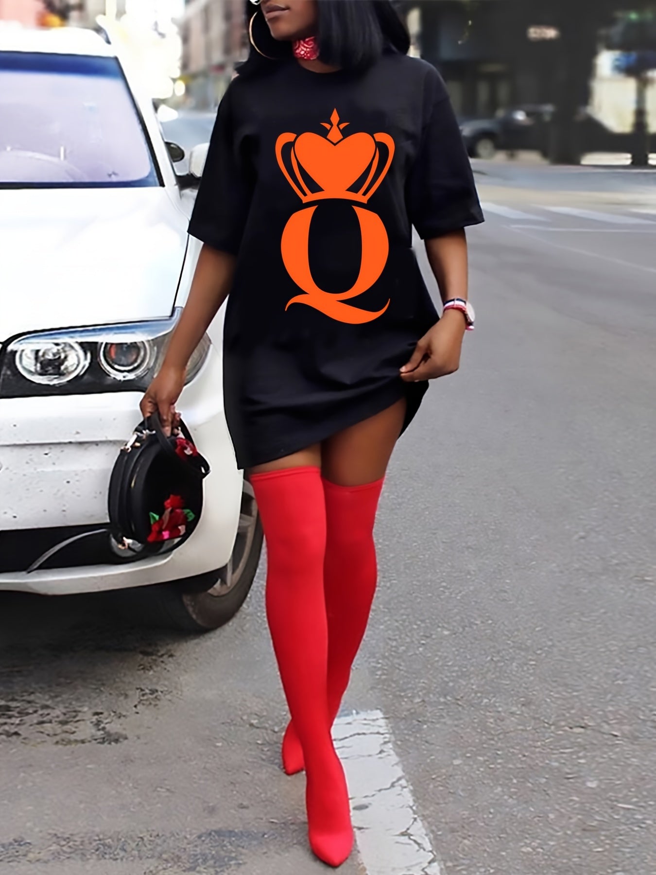 Women's Plus Letter & Crown Print Tee Dress