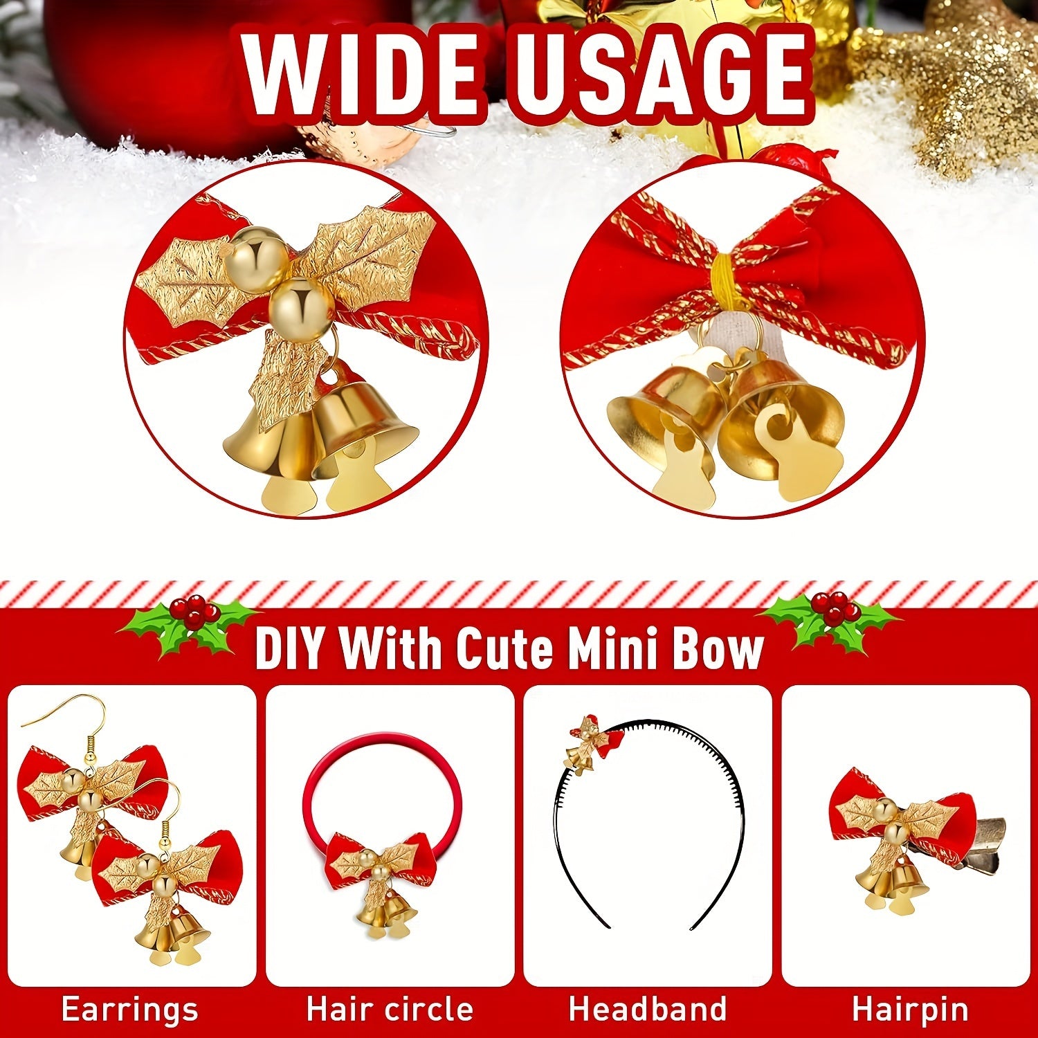 10pcs Christmas Bows With Bells Red Golden Ornaments For Christmas Tree