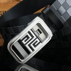 Men's Automatic Buckle Belt Cowhide Checkerboard Pattern Width 3 1/4in