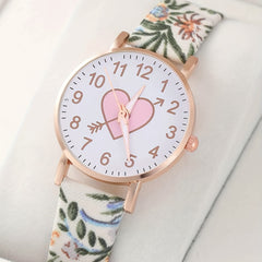 Flower Pattern PU Watch & Heart Ornament for Daily Use