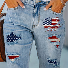  Women's Flag Print Denim Shorts with Ripped Fringe Trim