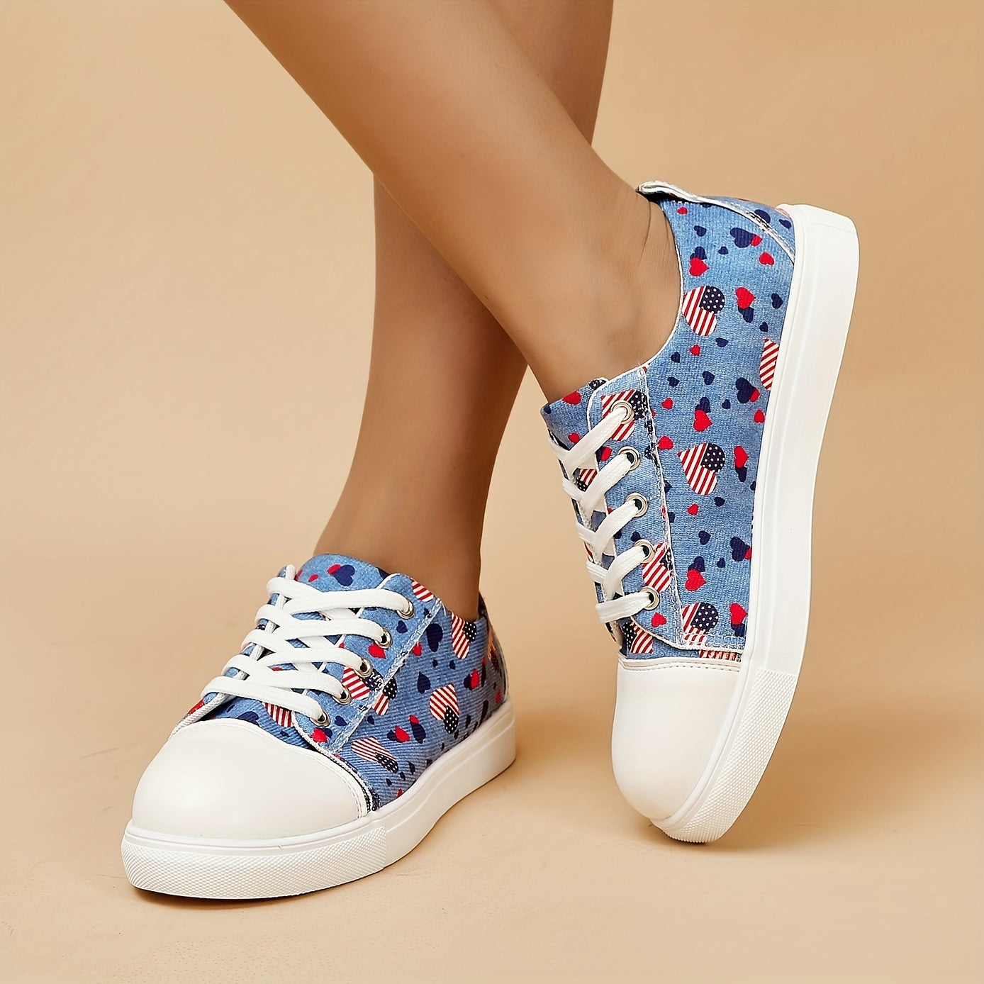 Women's Heart Pattern Denim Sneakers Lace Up Canvas Shoes