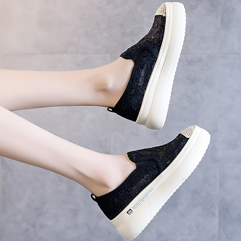 Women's Platform Lace Loafers Round Toe Hollow Out Slip On Shoes