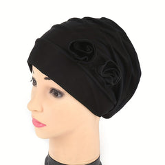 Double Flower Decor Turban Cap Head Wrap Solid Elastic Beanies Lightweight