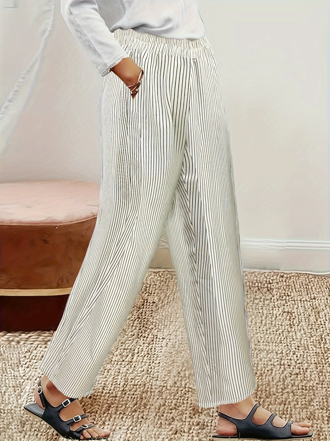 Women's Plus Stripe Print Loose Fit Trousers With Pockets