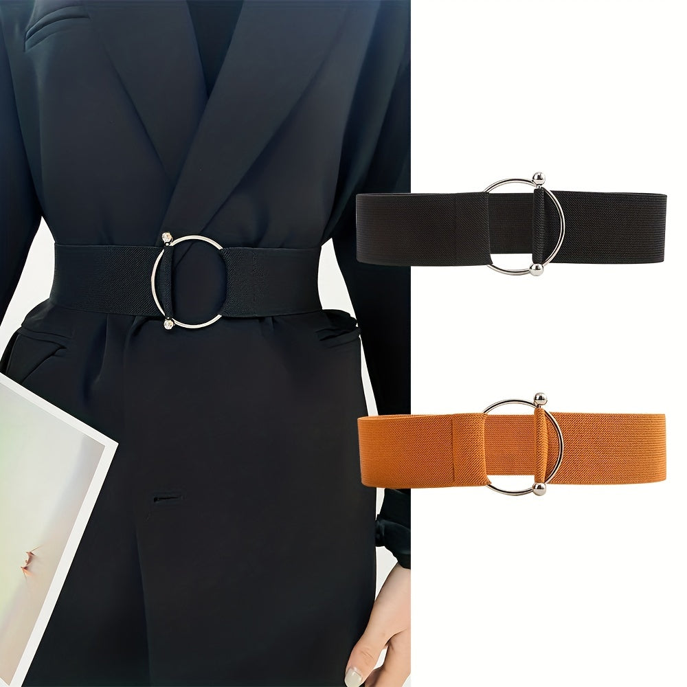 Round Buckle Elastic Belt Wide Waistband for Women