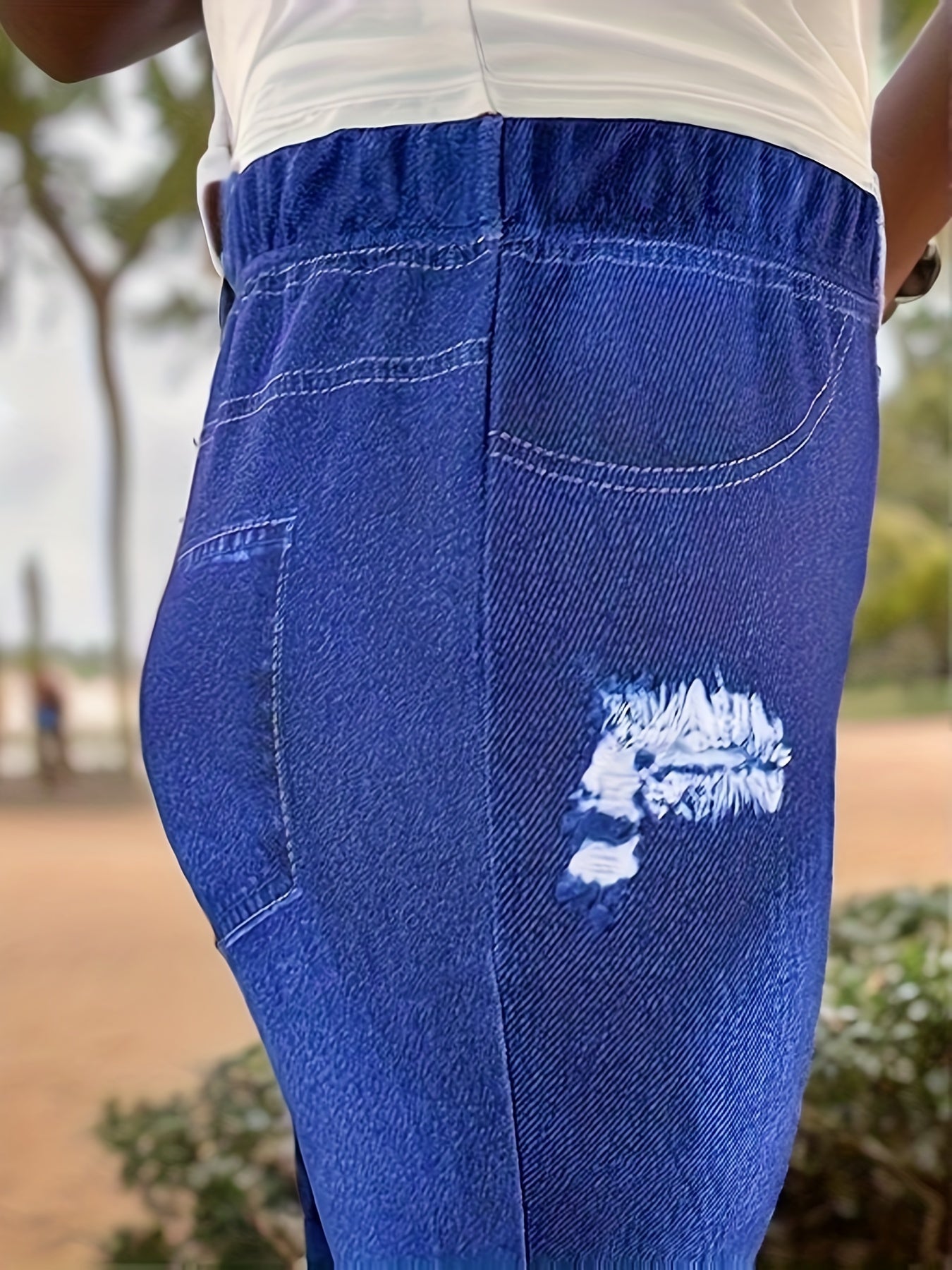  Denim Print Elastic Tapered Leg Trousers