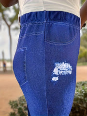  Denim Print Elastic Tapered Leg Trousers