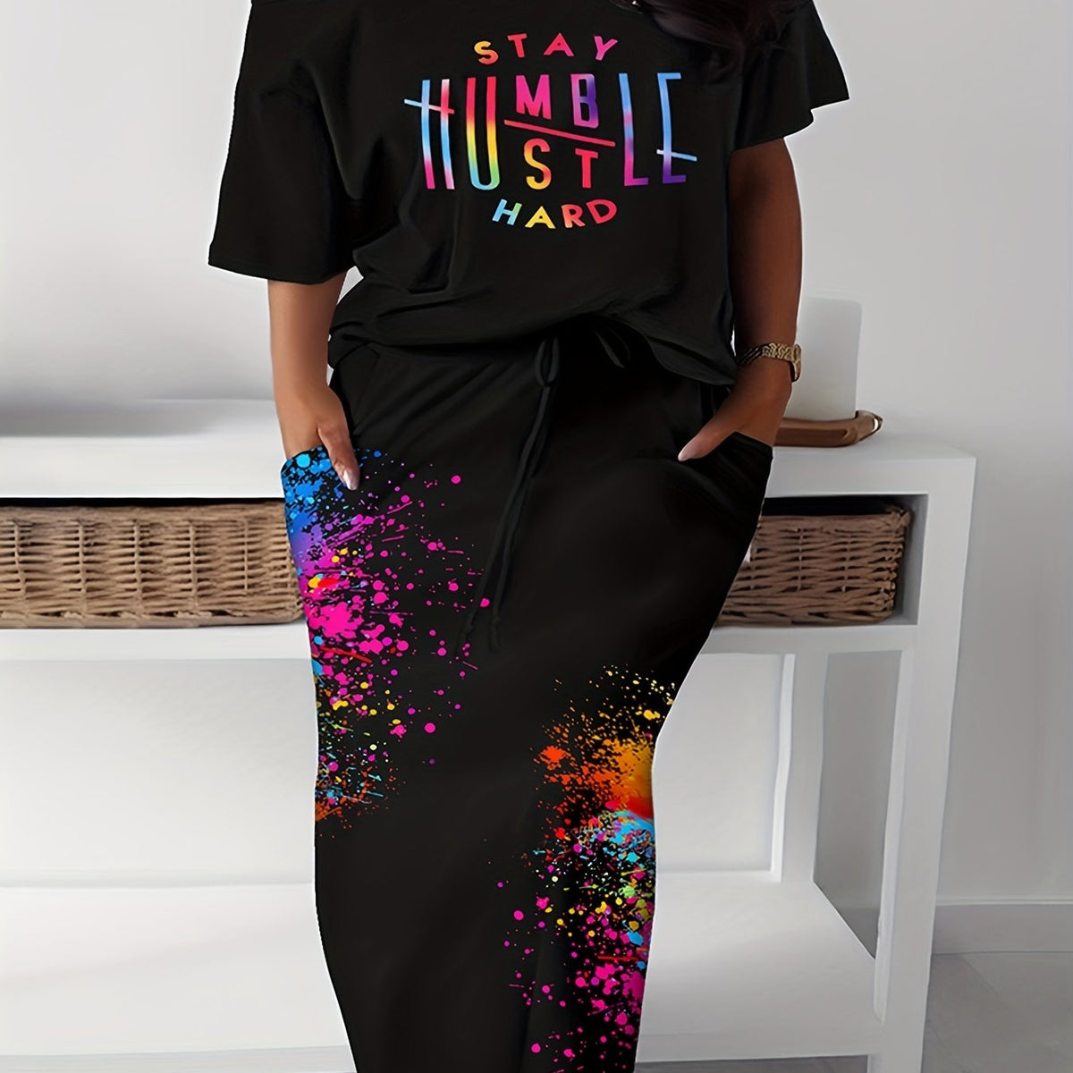 Women's Plus Size Casual Two Piece Set: Letter Print Top & Floral Skirt