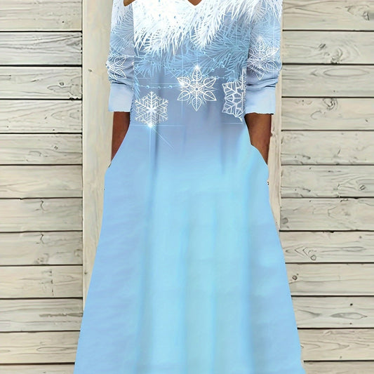  Snowflake Print Long Sleeve Dress With Pockets