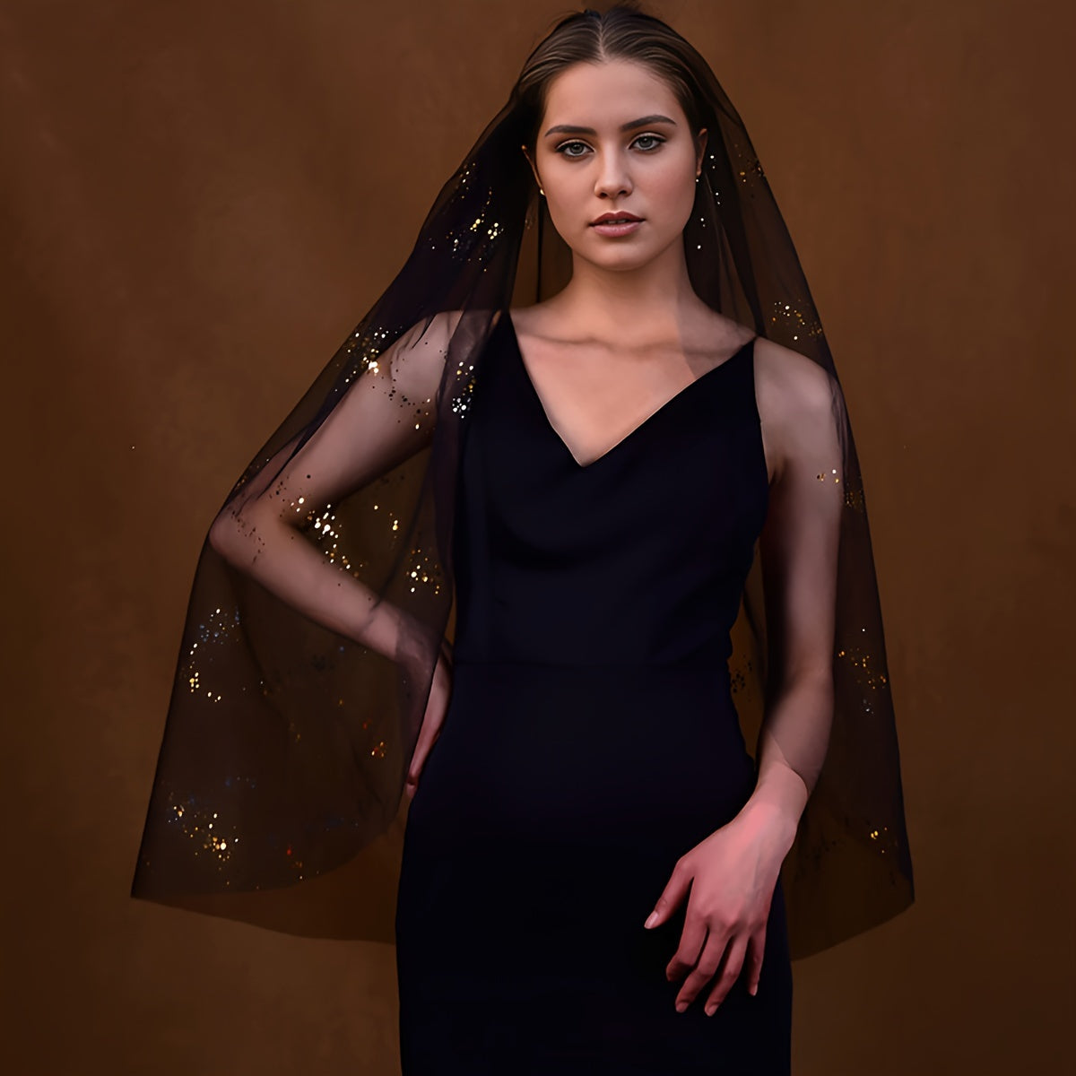 Golden Sequin Single Layer Wedding Veil for Stylish Bride