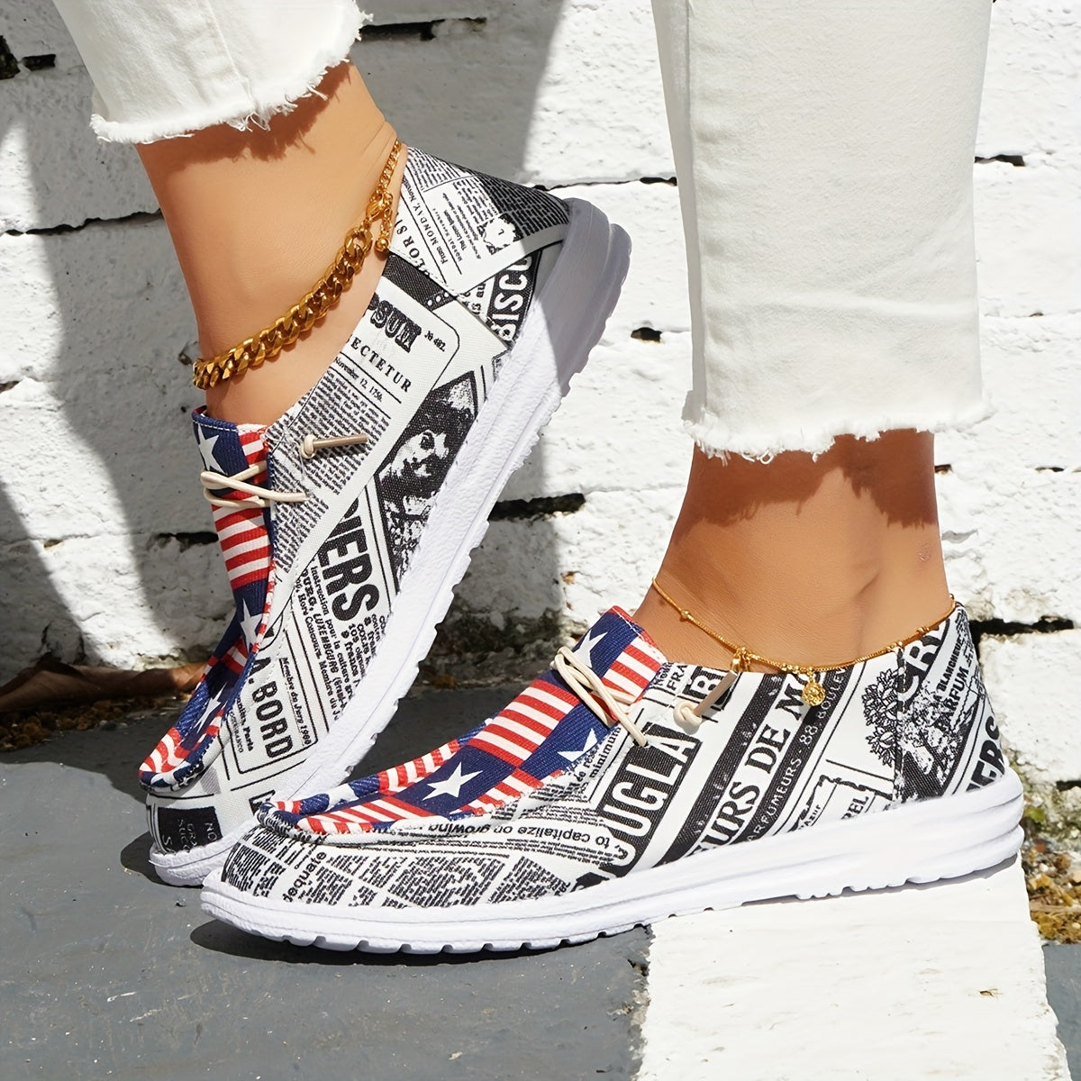 Women's Printed Canvas Shoes Lace Up Sneakers Lightweight - 4th Of July