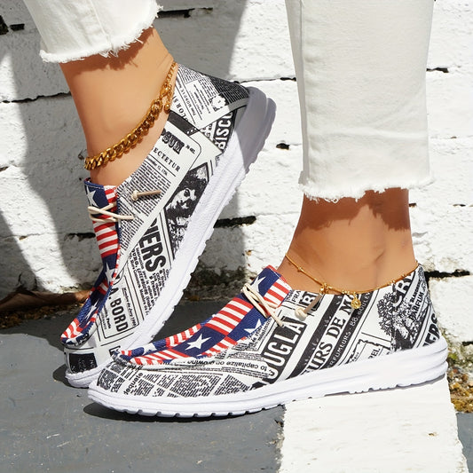 Women's Printed Canvas Shoes Lace Up Sneakers Lightweight - 4th Of July