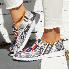 Women's Printed Canvas Shoes Lace Up Sneakers Lightweight - 4th Of July