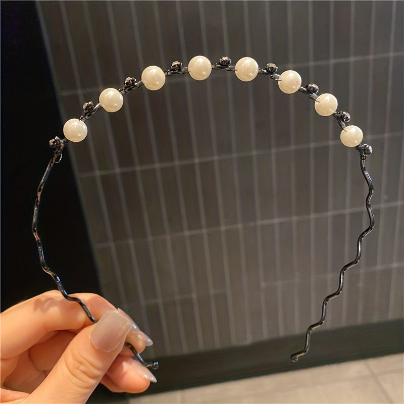 Faux Pearl Wavy Alloy Headband Rhinestone Hair Accessories