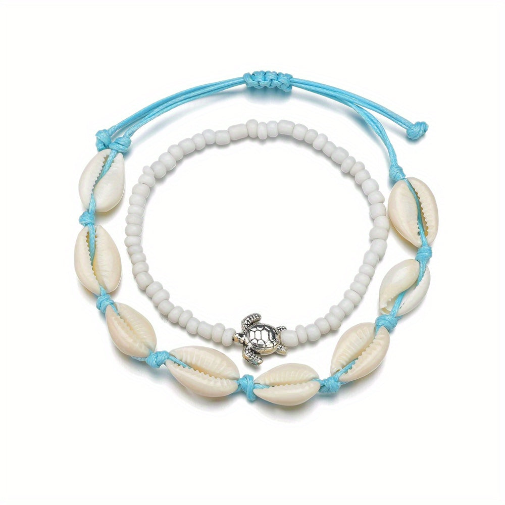 Boho Shell Beaded Anklet Set Beach Foot Jewelry