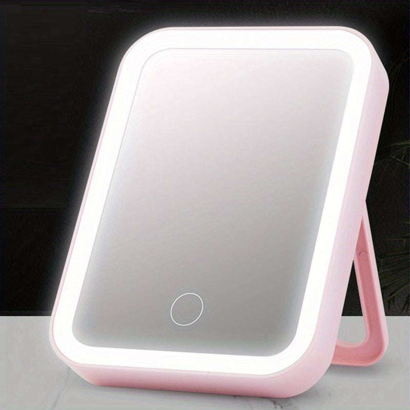 Portable Folding LED Vanity Mirror 3 Lighting Modes USB Rechargeable Pink
