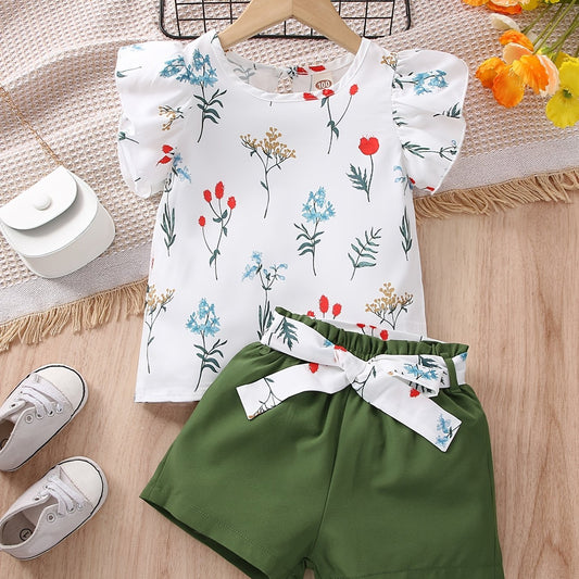 2pcs Girls Floral T-Shirt & Shorts Set Kids Summer Clothes