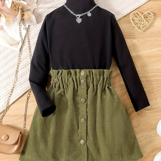 Girl's 2pcs Turtleneck Top & Corduroy Skirt Set