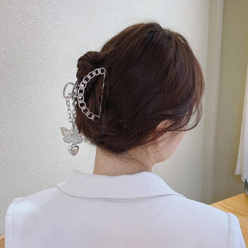 Vintage Silver Hair Claw Pin Hollow Out Butterfly Heart Tassel Hair Clip