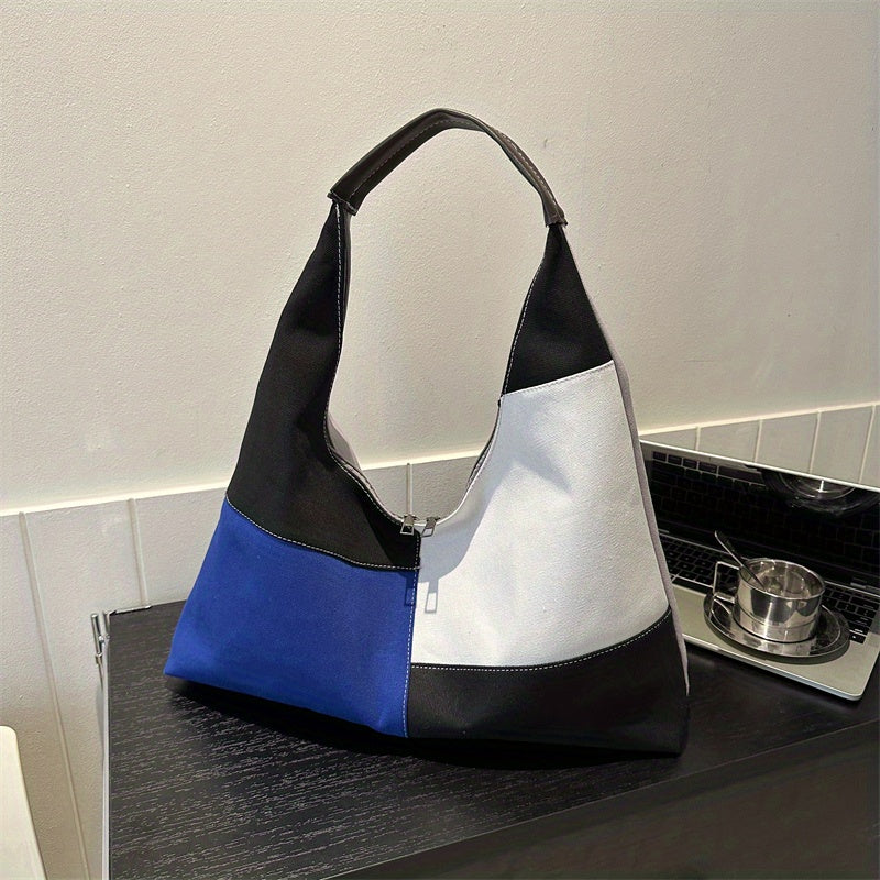 Colorblock Hobo Bag Large Capacity Canvas Shoulder Bag Women's Casual Handbag