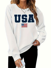  Flag Print Long Sleeve Round Neck Pullover Top