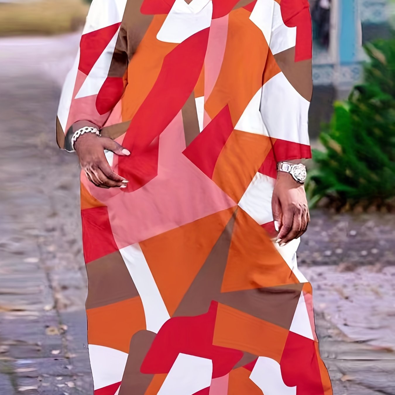 Plus Size Women's Colorblock Geometric Print Long Sleeve Maxi Dress