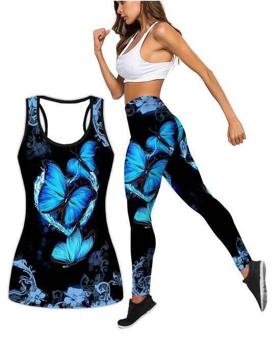  Butterfly Print Tank Top & Leggings Fitness Set