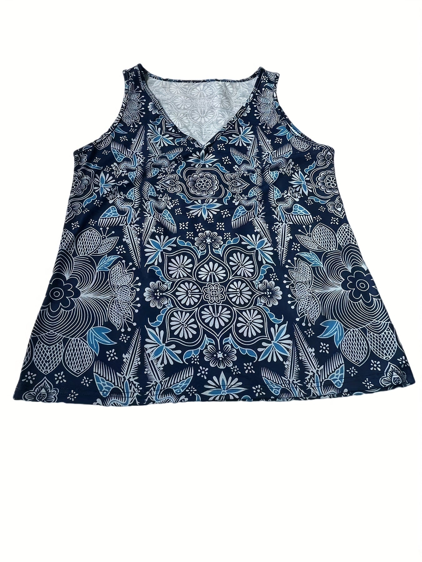 Vintage Ethnic Floral Print Tank Top V Neck Sleeveless Summer Top