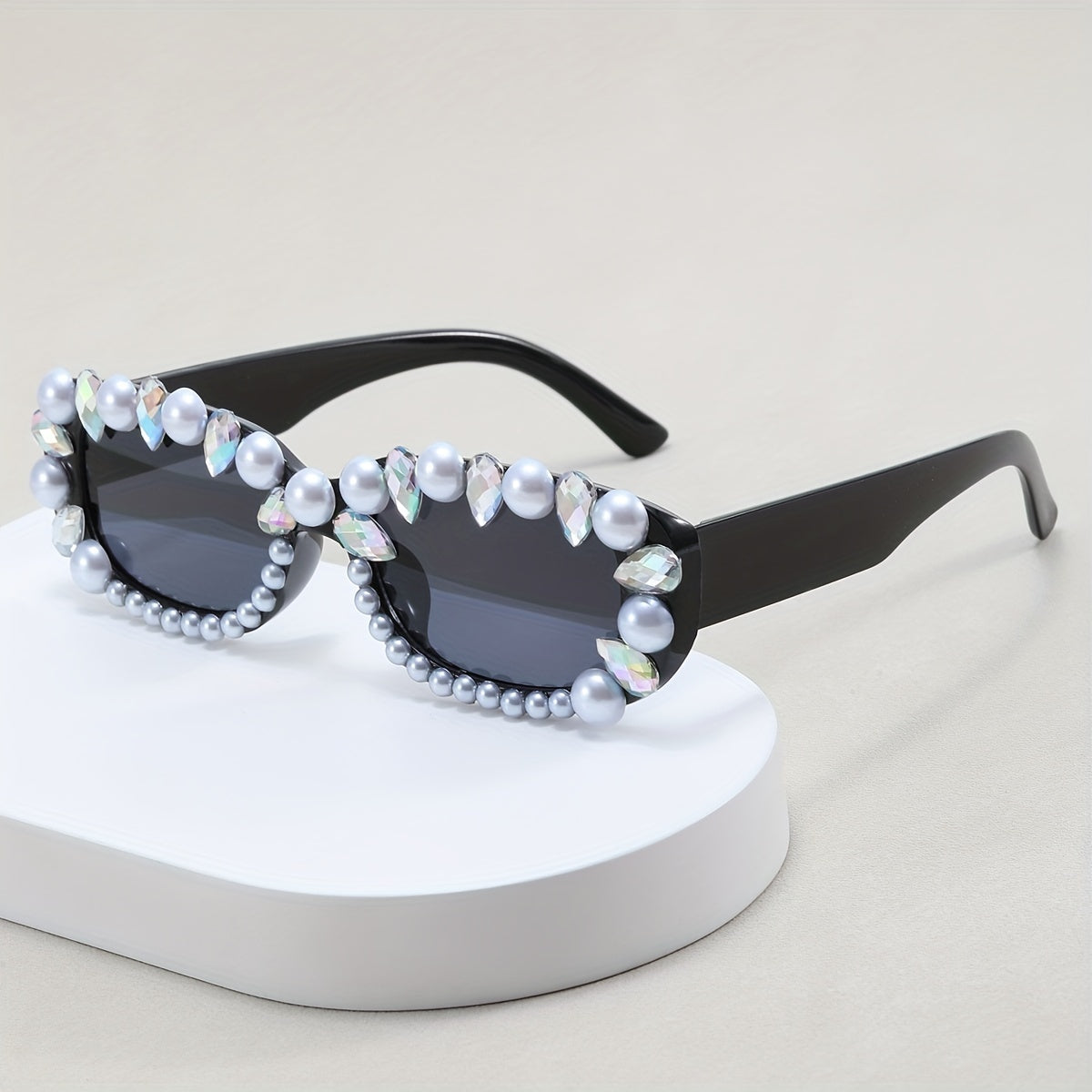 Y2K Rectangle Sunglasses Rhinestone & Faux Pearl Anti Glare UV400