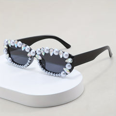 Y2K Rectangle Sunglasses Rhinestone & Faux Pearl Anti Glare UV400