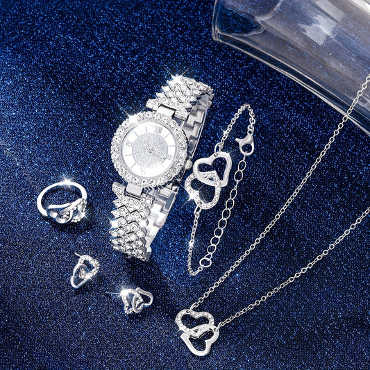 Kids Rhinestone Watch & Jewelry Set, Roman Digital Analog, 5pcs
