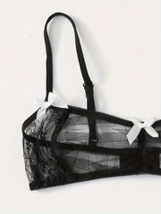 Sultry Lace Mesh Lingerie Set Sheer Unlined Bra & Bow Tie Panties