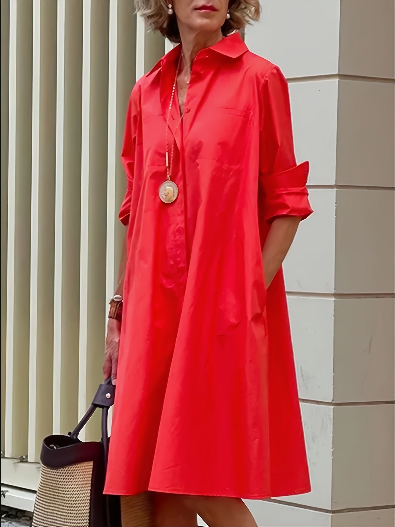 Solid Pocket Dress Long Sleeves V neck Mid length Dress