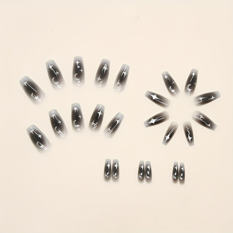 24 pcs Moon & Star French Tip Press On Nails Medium Square Acrylic False Nails