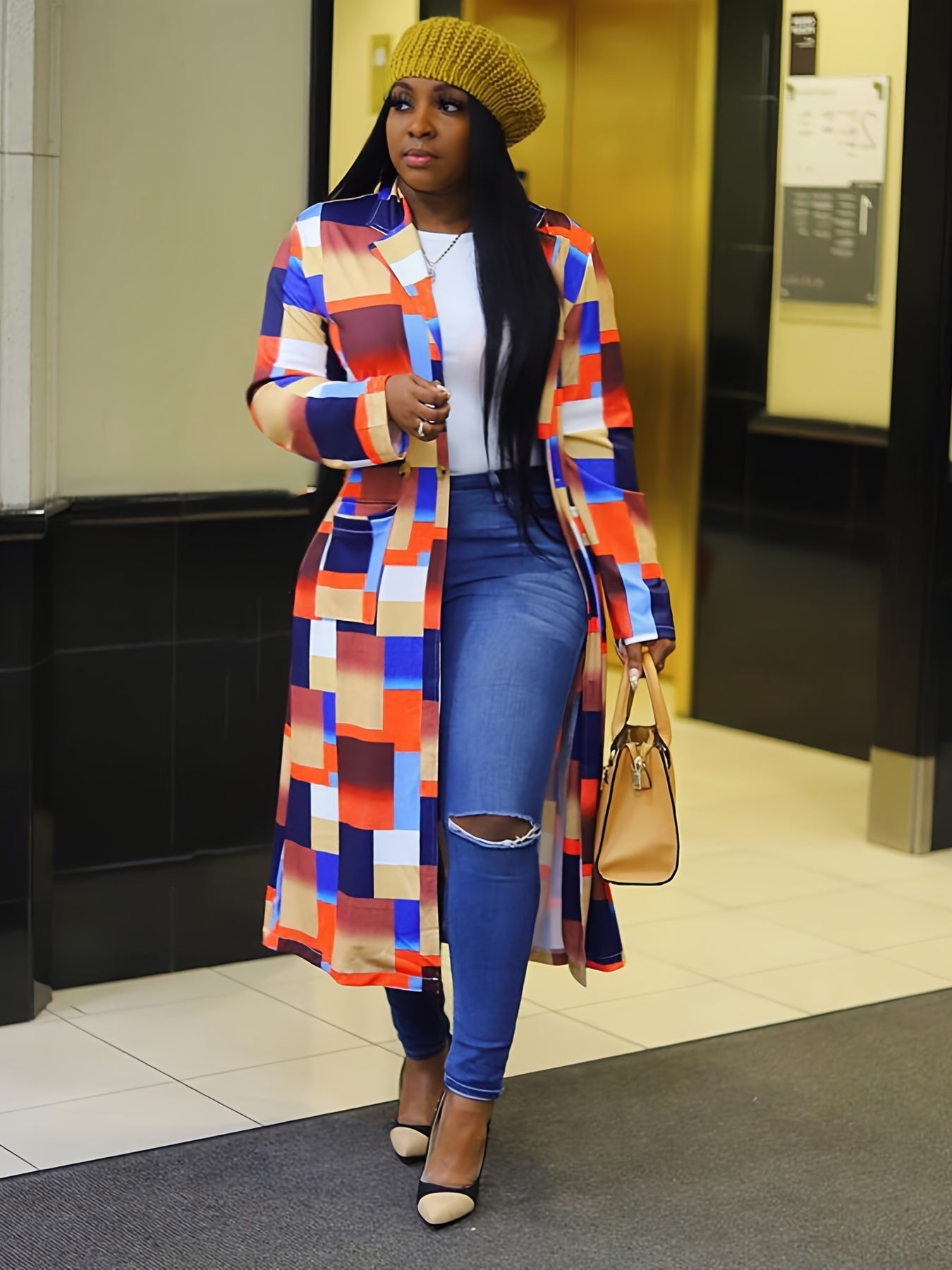 Plaid Patchwork Button Down Double Lapel Trench Coat Winter Jacket
