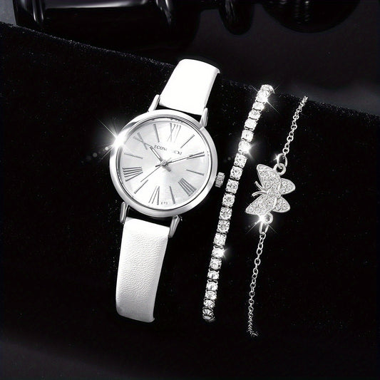 Stylish PU Leather Watch Set with Rhinestone Bracelets