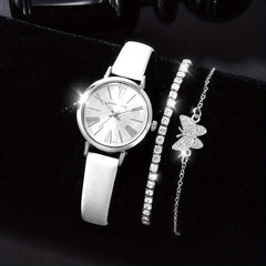 Stylish PU Leather Watch Set with Rhinestone Bracelets
