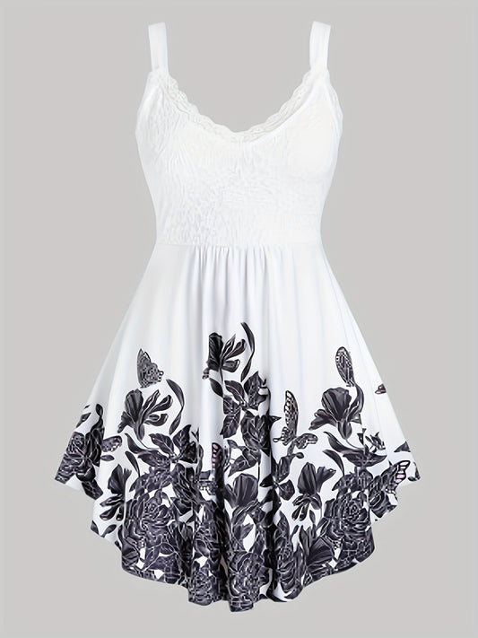 Floral Print Spaghetti Dress Sleeveless Ruched Lace Trim Casual Dress