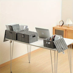 Desktop Woven Box With Lid Square Cosmetic Storage Box With Handles