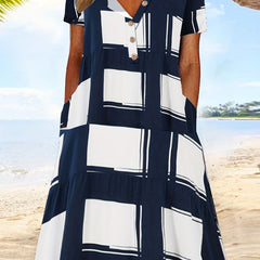  Grid Print Short Sleeve Dress with Pockets