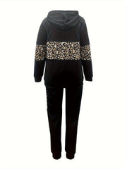 Women's Plus Leopard Print Hoodie & Pants Outfits 2 Piece Set